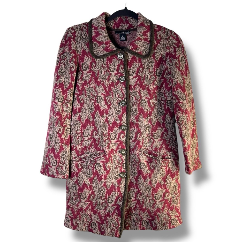 Willi Smith Womens Sz Small Sweater Jacket Wool Paisley‎ Long Cardigan Button Up